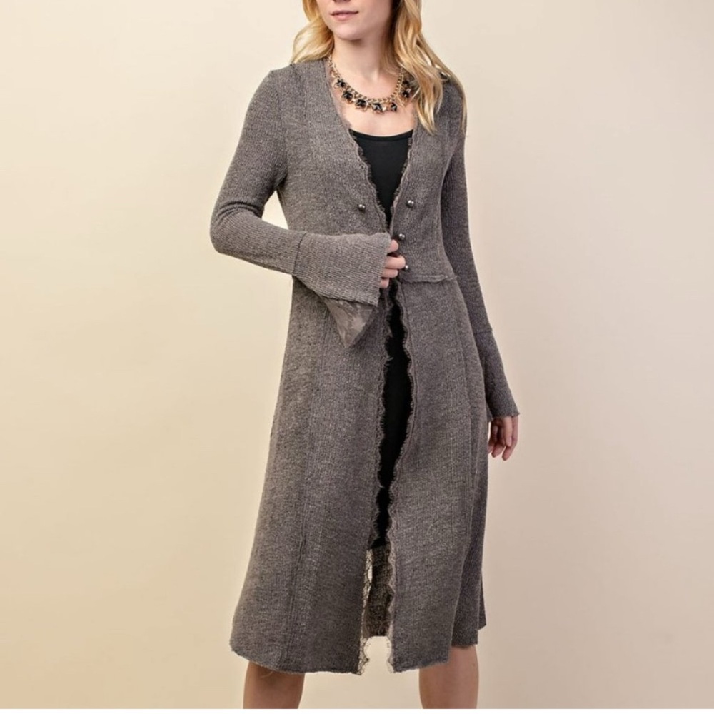 VOCAL CARDIGAN SWEATER KNIT GRAY Western Boho Lace Med